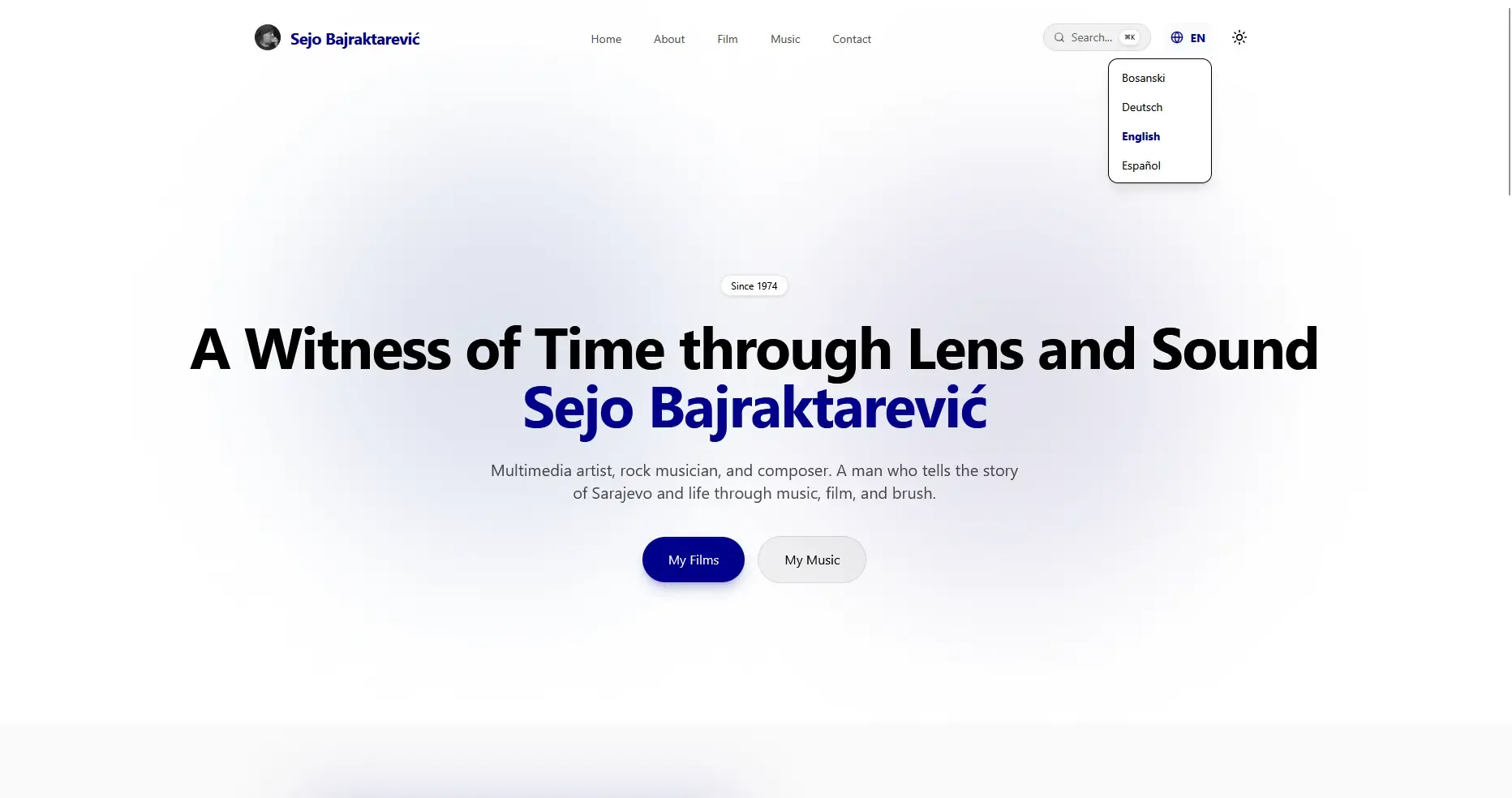 Homepage hero section of the Sejo Bajraktarević Archive website with a clean layout and language selector dropdown