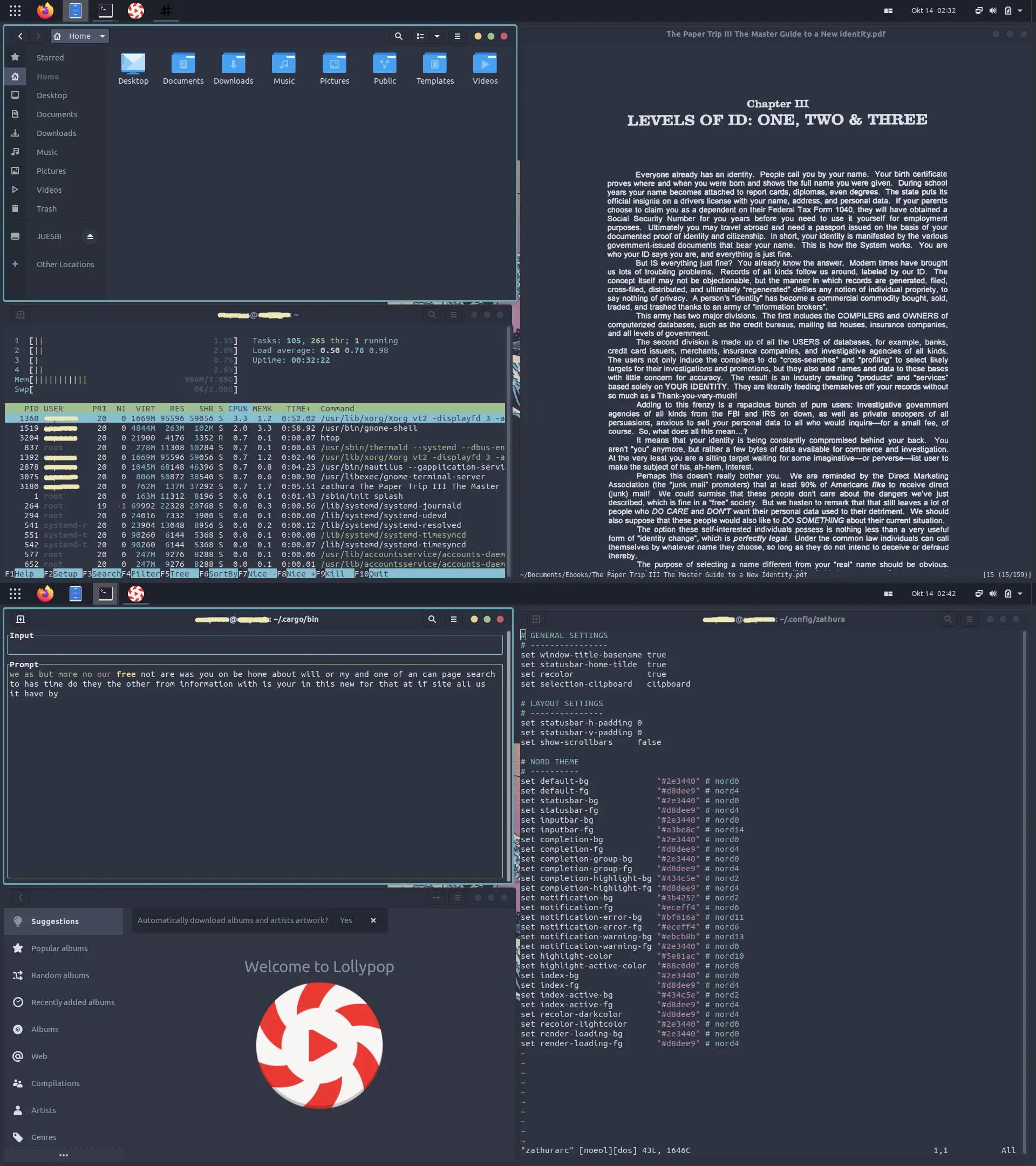 Ubuntu GNOME customized with a Nordic theme displaying active terminal layouts and system specifications