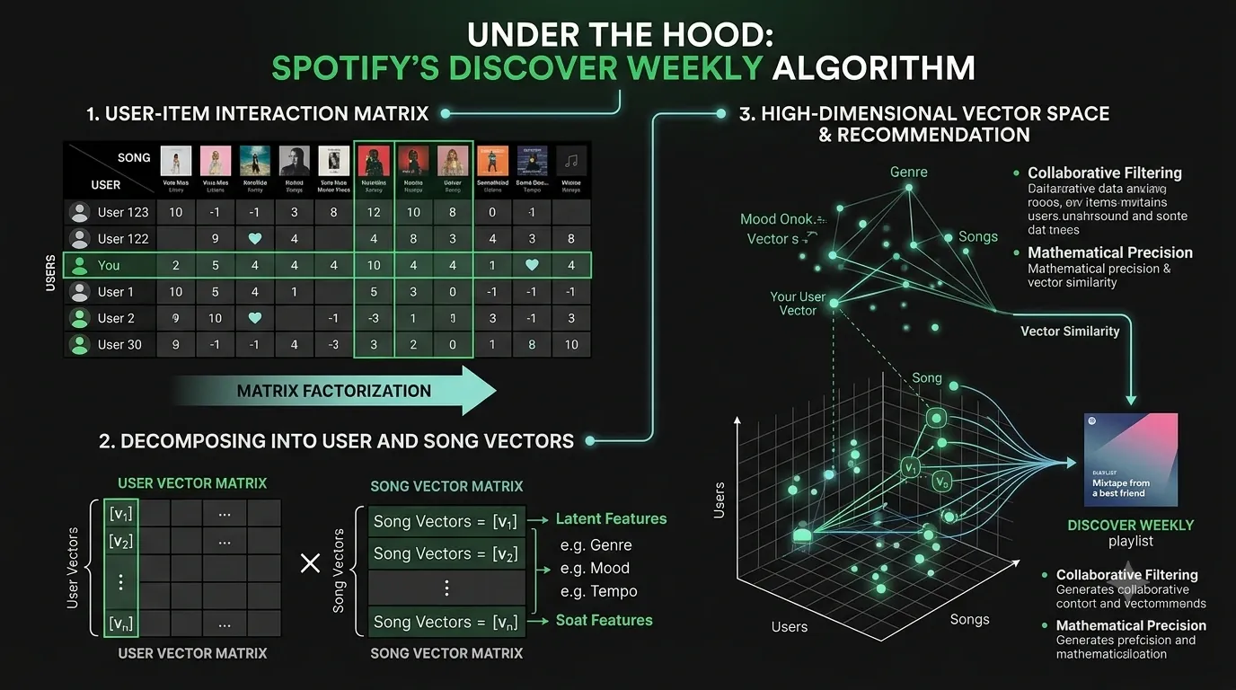 Infographic of Spotify's Discover Weekly recommendation architecture showing the User-Item Interaction Matrix, Matrix Factorization, and High-Dimensional Vector Space.