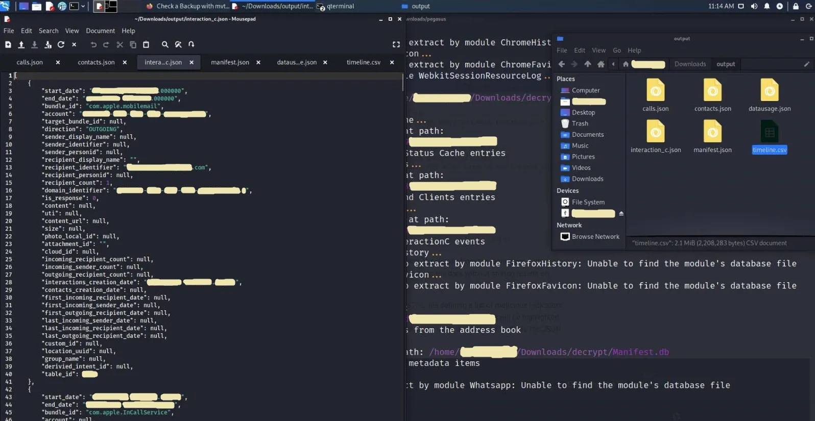 MVT toolkit tool output and generated JSON files on Linux desktop