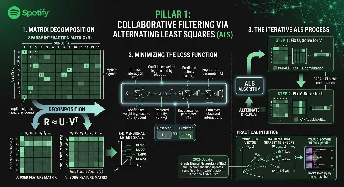 Infographic of Spotify's Collaborative Filtering pipeline showing Matrix Decomposition, the mathematical optimization of the ALS Loss Function, the iterative ALS process, and the integration of Graph Neural Networks via the Twine platform.
