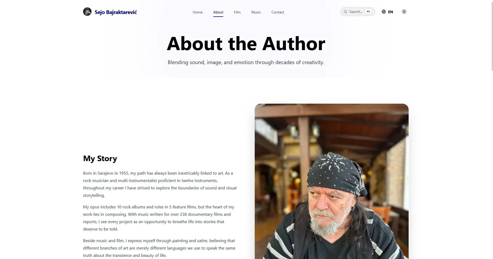 Biography page detailing the life, multi-instrumental history, and career milestones of composer Sejo Bajraktarević