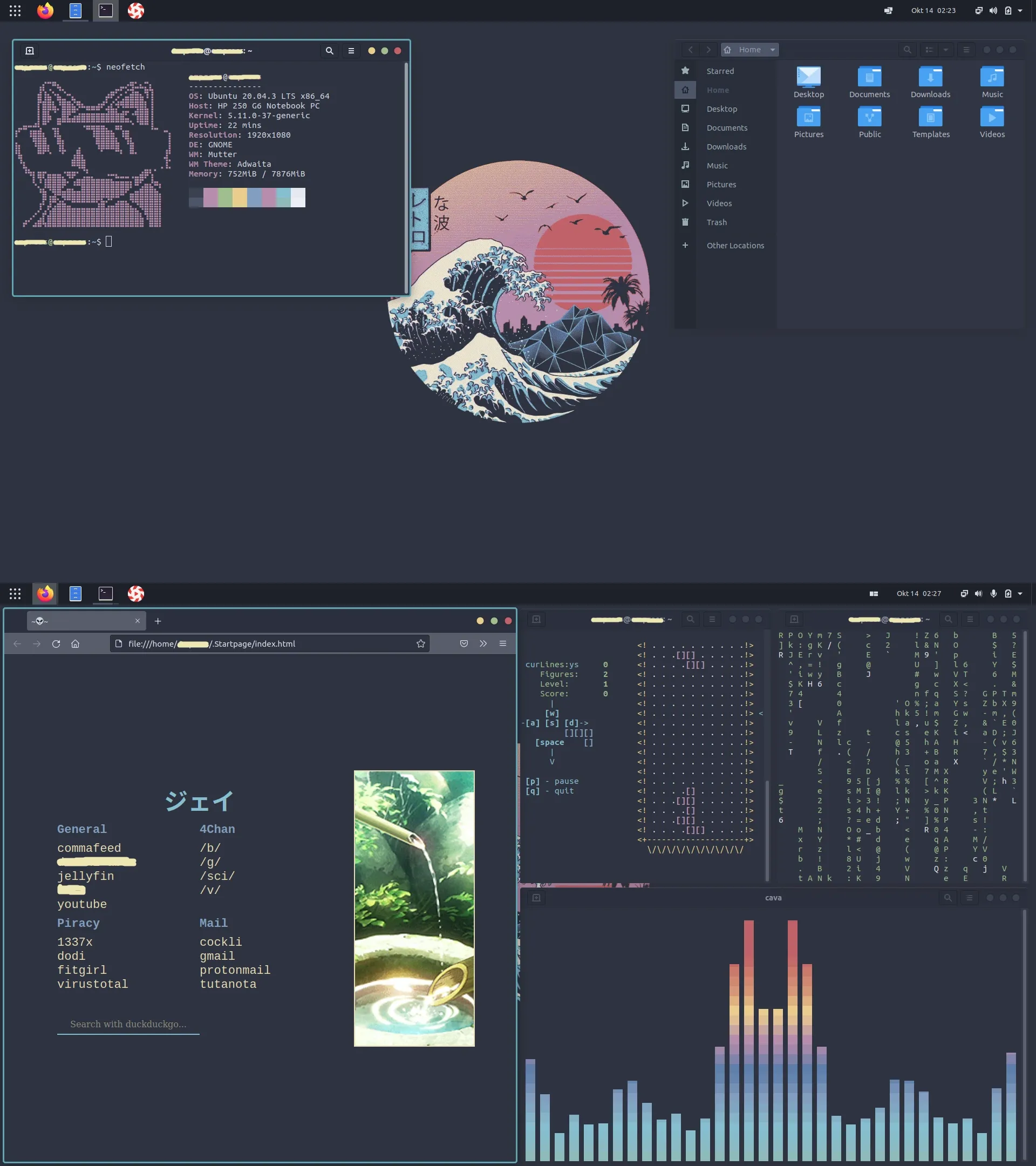 Full custom Nordic desktop workspace including browser start page, live terminal window tiling, and system widgets