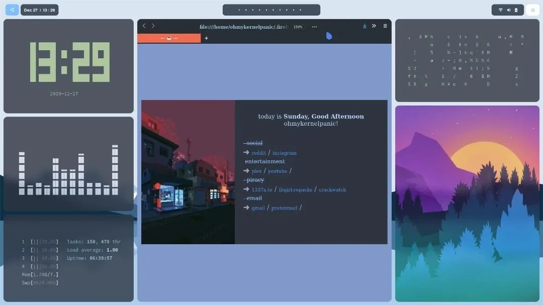 Nordic customized desktop displaying advanced system monitors and visualizers