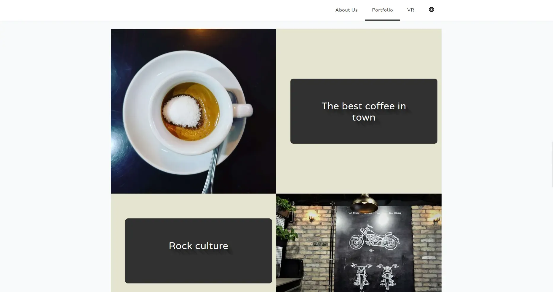 Interactive grid layout of the website showcasing a cup of espresso, branding text blocks like The best coffee in town and Rock culture, and a brick wall interior design
