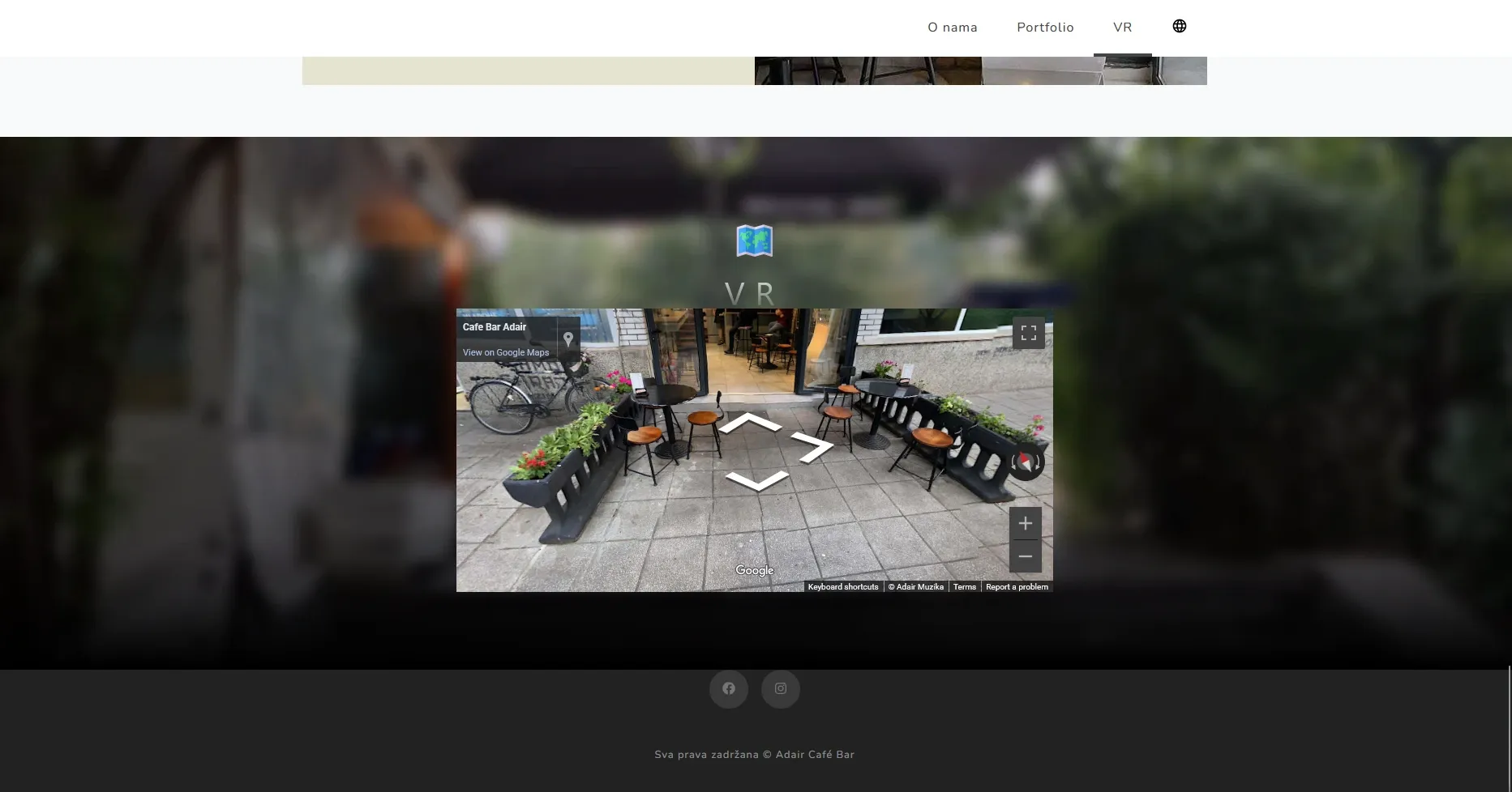 Embedded interactive Google Maps VR street view window displaying the outdoor patio seating of Adair Cafe Bar