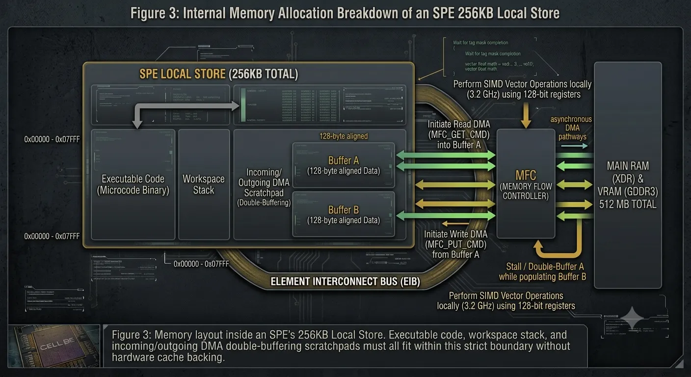 Figure 3: Internal memory allocation breakdown of an SPE 256KB Local Store
