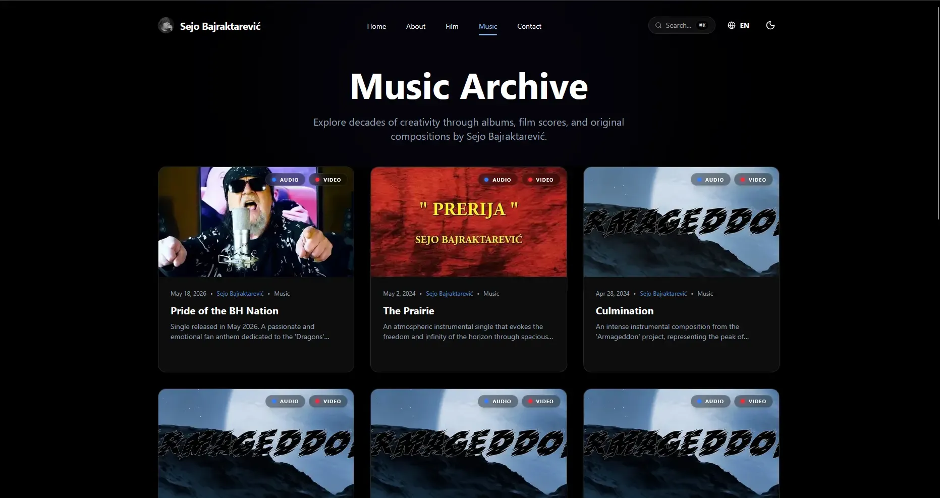 Music archive media grid view in dark mode displaying interactive content cards with taxonomy tags