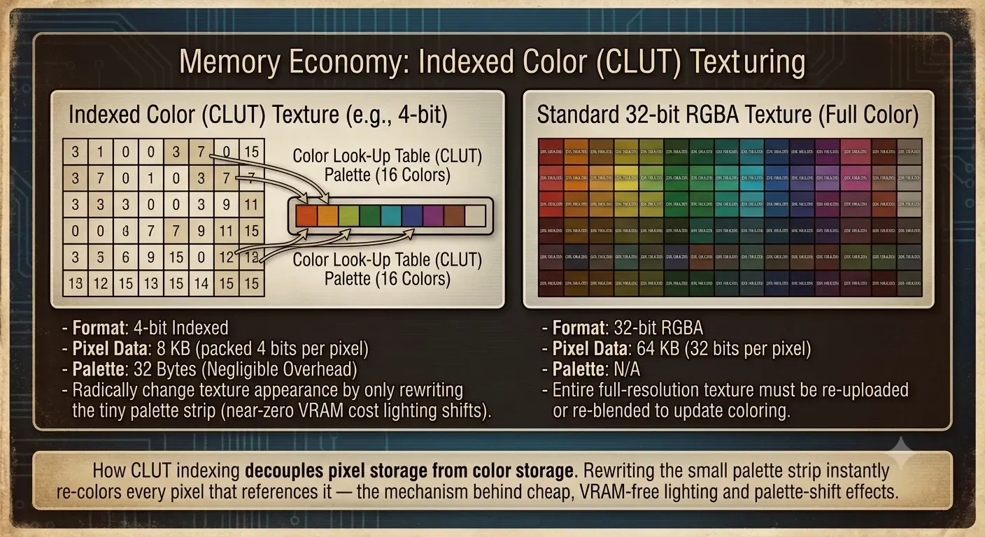 Figure 3: How CLUT indexing decouples pixel storage from color storage. Rewriting the small palette strip instantly re-colors every pixel that references it — the mechanism behind cheap, VRAM-free lighting and palette-shift effects.
