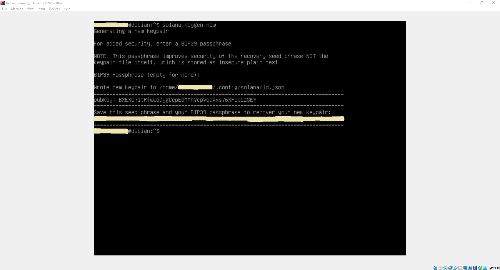 Command-line keypair generation displaying public key and seed phrase configuration