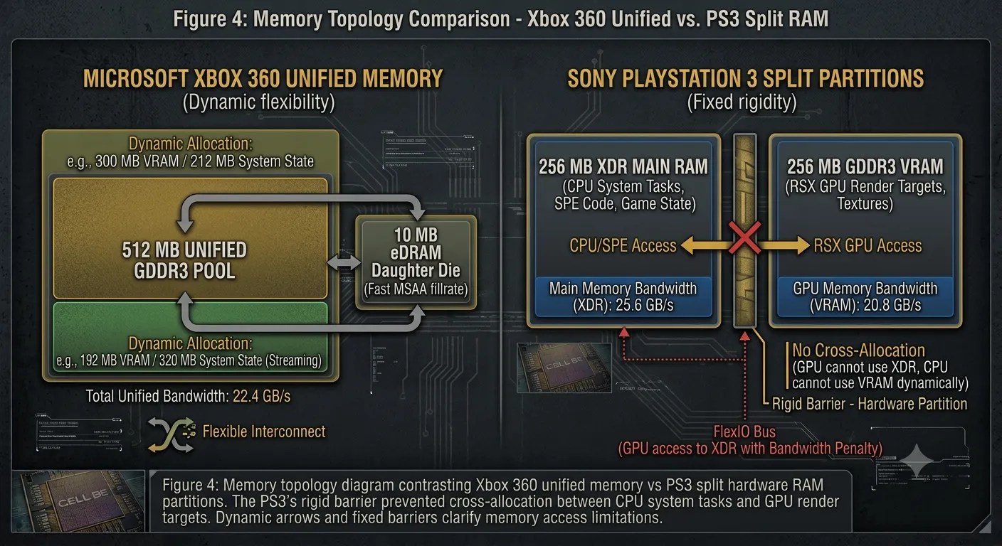 Figure 4: Memory topology diagram contrasting Xbox 360 unified memory vs PS3 split hardware RAM partitions