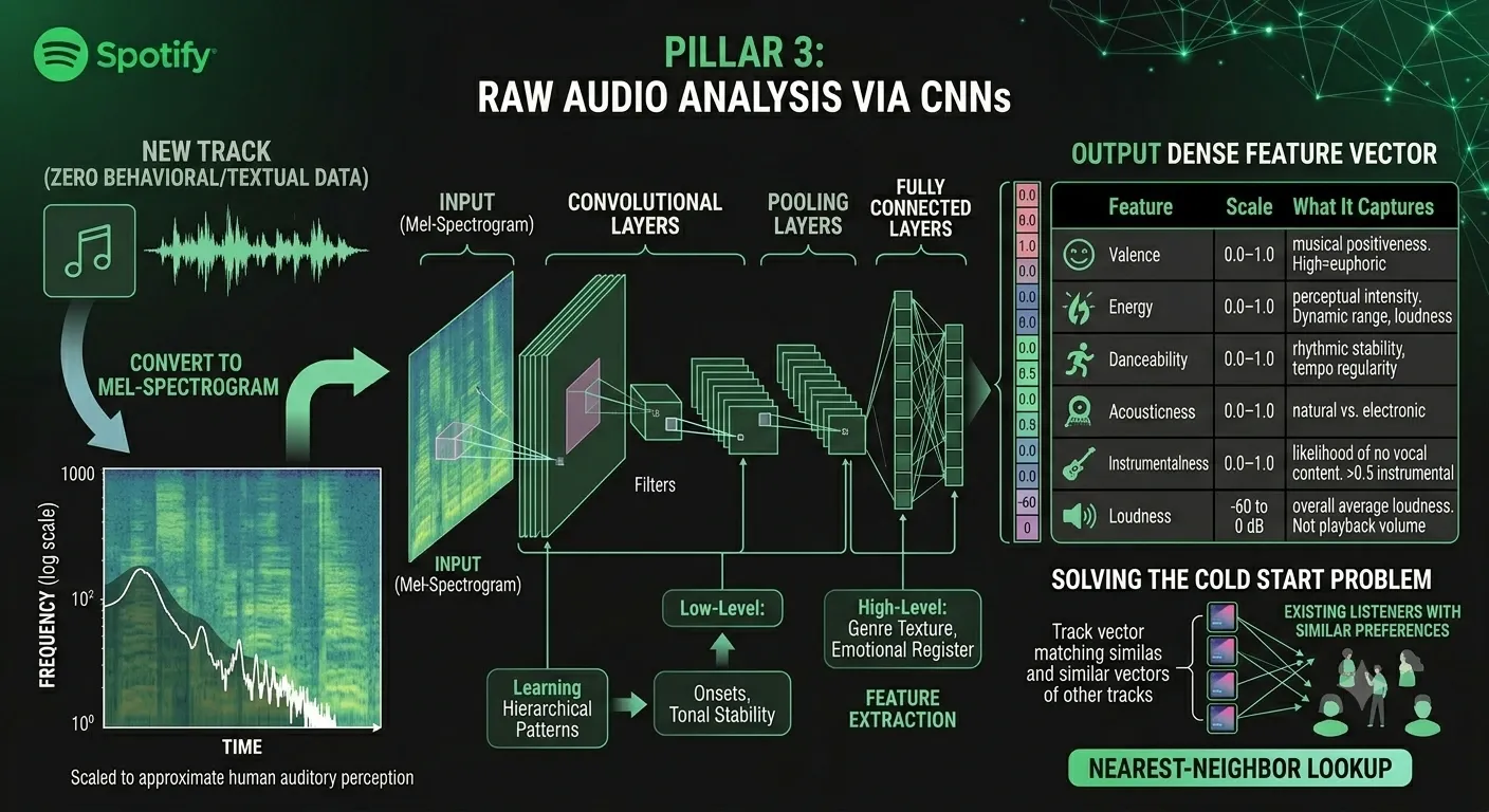 Infographic of Spotify's raw audio analysis pipeline showing the conversion of a new track to a Mel-Spectrogram, its processing through CNN layers (convolutional, pooling, fully connected), and the extraction of a dense acoustic feature vector to perform a nearest-neighbor lookup.