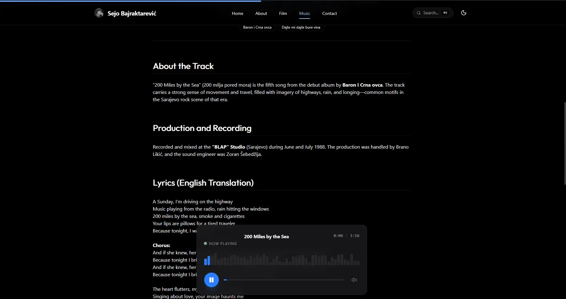 Individual audio track page showing historical trivia, lyrics translation, and a floating music player widget