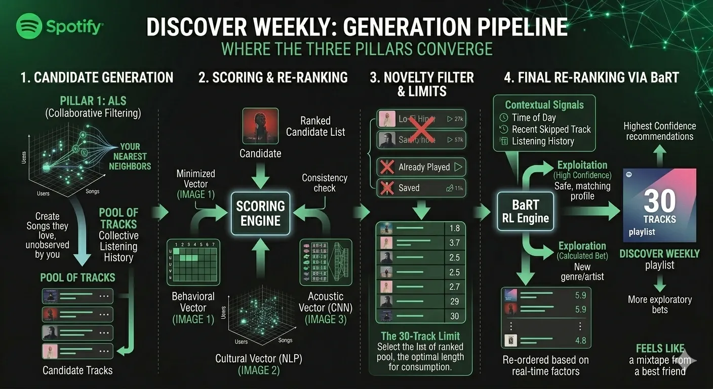 Infographic of Spotify's Discover Weekly generation pipeline illustrating four stages: Candidate Generation via ALS nearest neighbors, Scoring & Re-ranking using behavioral, cultural, and acoustic vectors, Novelty Filter & Limits, and Final Re-ranking via the BaRT reinforcement learning engine to output a 30-track playlist.