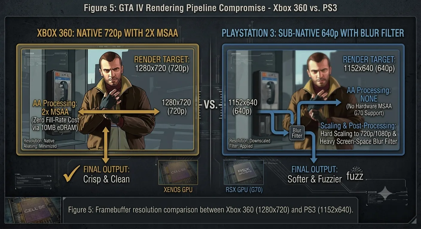 Figure 5: Render resolution comparison showing 720p with 2x MSAA vs sub-native 640p with screen-space blur