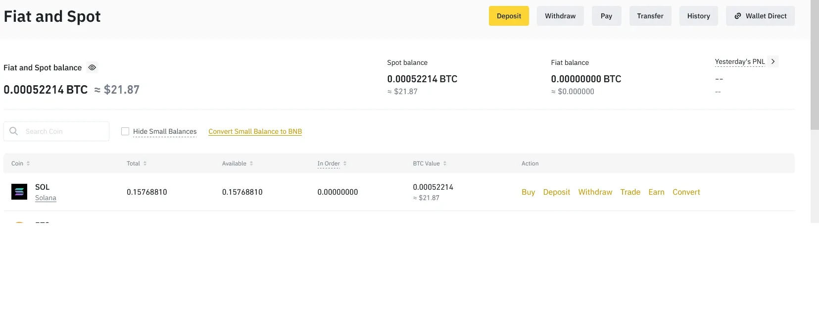 Acquiring native SOL tokens on the Binance exchange interface