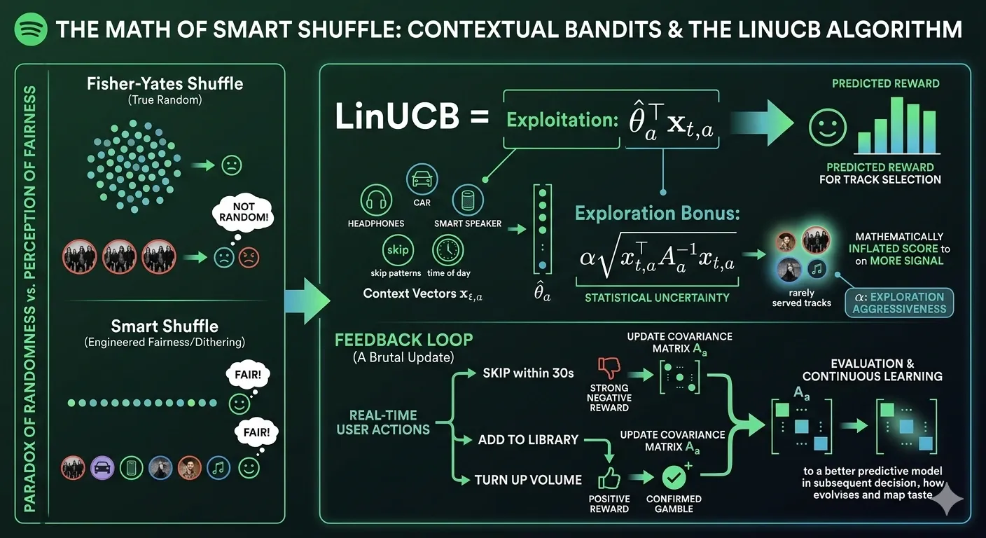 Infographic of Spotify's Smart Shuffle architecture illustrating the paradox of randomness (Fisher-Yates vs. engineered dithering), the mathematical components of the LinUCB contextual bandit algorithm (Exploitation vs. Exploration Bonus), and the real-time reinforcement learning feedback loop.