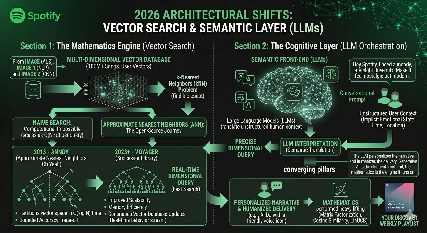Infographic detailing Spotify's modern architectural shifts, split into the Mathematics Engine (Vector Search via kNN, Annoy, and Voyager) and the Cognitive Layer (LLM Orchestration translating unstructured user prompts into precise dimensional queries).